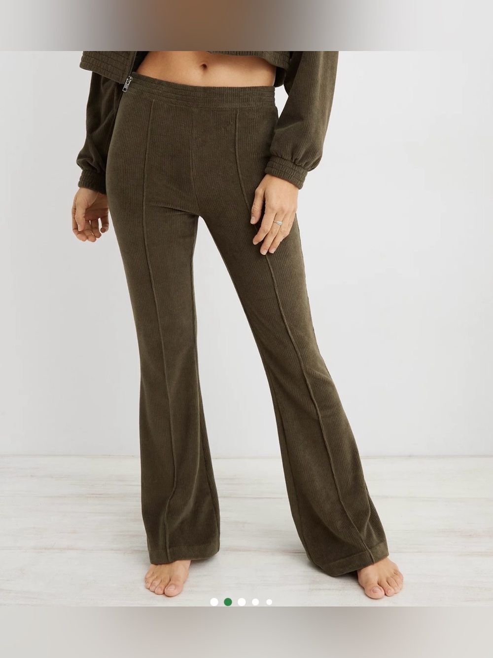 Aerie Olive Green Groove-On Rib Velour Flare Pant High Rise Lounge Earthy L